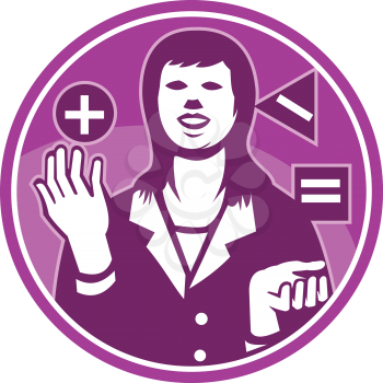Illustration of a female office worker businesswoman facing front juggling square triangle circle with positive negative equals sign done in retro woodcut style set inside circle.