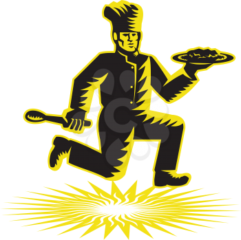 Illustration of a chef, cook or baker holding serving plate of food running side view done in retro woodcut style.