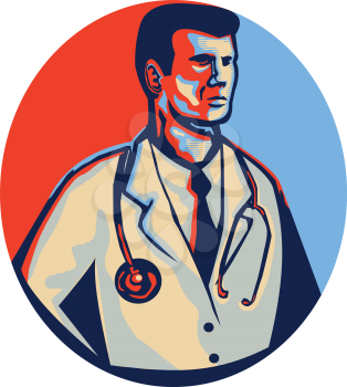 Illustration of a male medical doctor with stethoscope standing facing side set inside oval done in retro style.