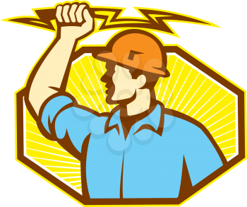 Illustration of an electrician wielding holding a lightning bolt facing side done in retro style in isolated white background.