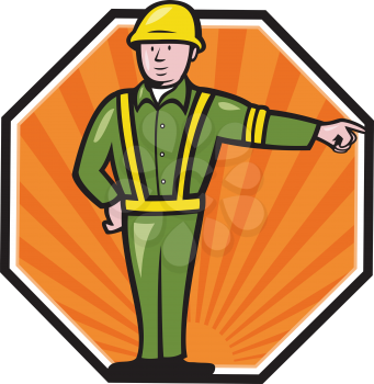 Illustration of an emergency worker wearing hardhat and high visibility vest pointing to side set inside octagon done in cartoon style.