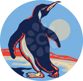 Illustration of penguin walking side with moon in background set inside circle done in retro style.