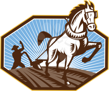 Illustration of farmer and horse plowing field done in retro style