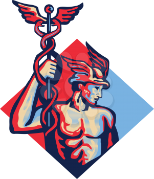 Illustration of Roman god Mercury patron god of financial gain,commerce, communication and travelers wearing winged hat and holding caduceus a herald's staff with two entwined snakes set inside diamon