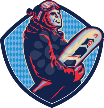 Illustration of a snowboarding looking to side holding snowboard set inside shield crest on isolated background.