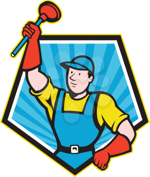 Illustration of a super plumber wielding holding plunger done in cartoon style set inside pentagon shape on isolated background.