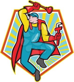 Illustration of a superhero super plumber jumping with cape holding monkey wrench and plunger done in cartoon style with pentagon shape in background.