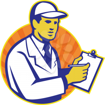 Illustration of a technician tradesman inspector worker at work writing on clipboard with pen set inside circle done in retro style.
