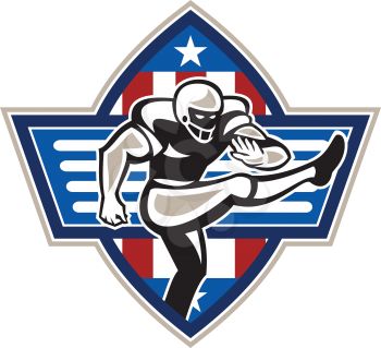 Illustration of an american football gridiron player placekicker kicking facing side done in retro style set inside stars and stripes ball .