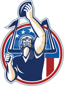 Illustration of an american football gridiron quarterback player holding up ball facing front set inside circle with stars and stripes flag done in retro style.