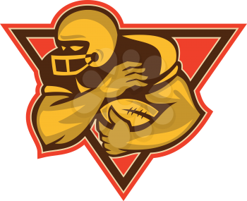 Illustration of an american football gridiron running back player running with ball facing side done in retro style set inside triangle.
