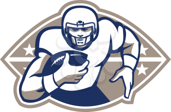 Illustration of an american football gridiron runningback player running with ball facing front done in retro style.