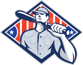 Illustration of a american baseball player batter hitter holding bat on shoulder set inside diamond shape with stars and stripes done in retro style isolated on white background.