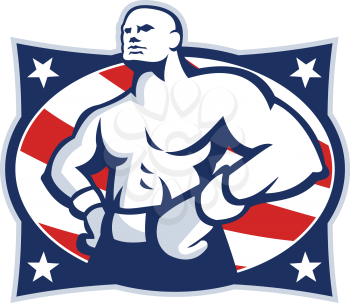 Illustration of a champion American boxer hands on hip viewed from front set inside oval with stars and stripes done in retro style.