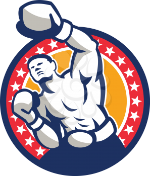 Illustration of a boxer jabbing punching set inside circle with stars around done in retro style