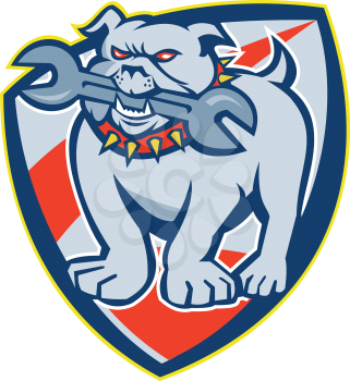 Illustration of an bulldog dog mongrel mascot biting a spanner wrench tool facing front set inside crest shield on white background done in retro style.
