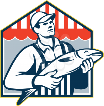 Retro style illustration of a butcher fishmonger worker fish facing front on isolated background done in retro style.