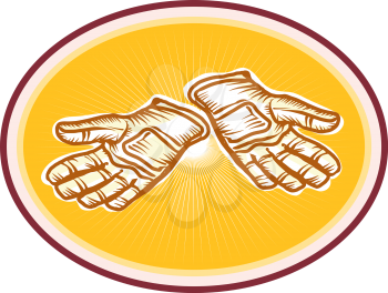 Illustration of a pair of workman utility gloves set inside oval done in retro style.