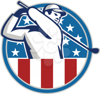 Illustration of an American golfer playing golf swinging club set inside circle with USA stars and stripes flag on isolated background.
