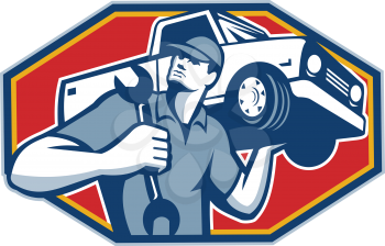 Illustration of an automotive mechanic carrying pick-up truck car vehicle on shoulder holding spanner wrench done in retro style.