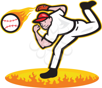 Illustration of a american baseball player pitcher outfielder throwing ball on fire isolated on white background.