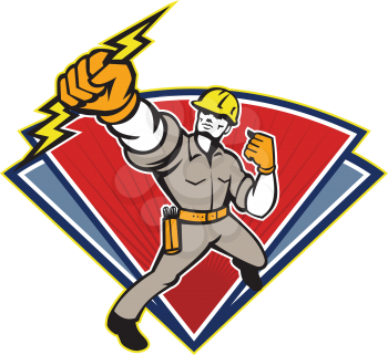 Illustration of an electrician power lineman wielding holding a lightning bolt facing side done in retro style in isolated white background.