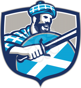 Illustration of a highlander scotsman wielding sword with Scotland flag on shield wearing tartan viewed from side set inside crest.