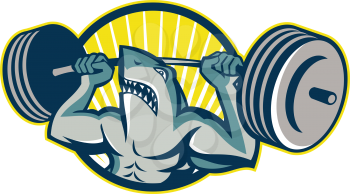 Illustration of a shark weightlifter lifting weights barbell viewed from front set inside circle done in retro style.