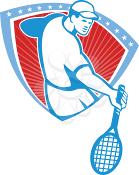 Illustration of a tennis player holding racquet set inside crest shield with stars on isolated background done in retro style.