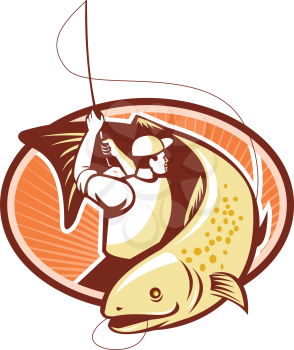 Illustration of a fly fisherman casting rod and reel reeling and rounding up a trout fish done in retro style