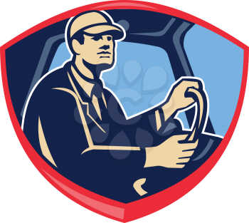 Illustration of a bus or truck driver driver inside vehicle viewed from side set inside shield crest done in retro style.