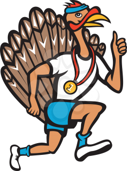 Illustration of a wild turkey run trot running runner thumbs up done in cartoon style on isolated white background
