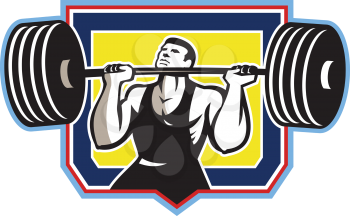 Illustration of a weightlifter lifting weights heavy barbell viewed from front set inside crest shield done in retro style.