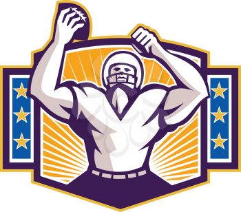 Illustration of an american football gridiron wide receiver running back player celebrating a touchdown facing front set inside shield crest with stars and sunburst done in retro style on isolated bac