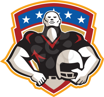 Illustration of an american football gridiron tackle linebacker player hand on hip holding helmet facing front set inside crest shield with stars done in retro style.