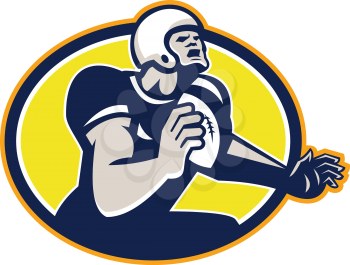 Illustration of an american football gridiron quarterback player throwing ball facing side set inside oval shape done in retro style.