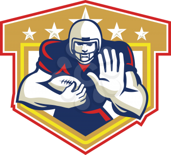 Illustration of an american football gridiron running back player running with ball facing front fending set inside shield done in retro style.