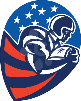 Illustration of an american football gridiron rushing running back player running with ball facing side set inside shield shape done in retro style.