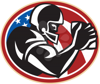 Illustration of an american football gridiron wide receiver running back player running with ball facing side set inside oval with stars and stripes flag done in retro style set inside ball .