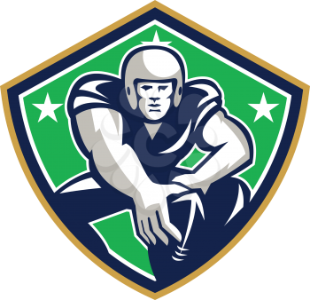 Illustration of an american football gridiron player center with hand on ball ready to snap facing front set inside crest shield with stars done in retro style.