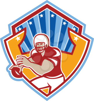 Illustration of an american football gridiron quarterback player throwing ball facing front set inside crest shield with stars and sunburst done in retro style.