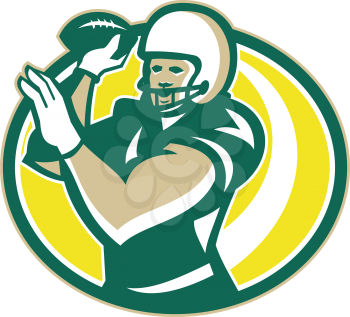 Illustration of an american football gridiron QB quarterback player passing throwing ball facing front set inside oval shape done in retro style.