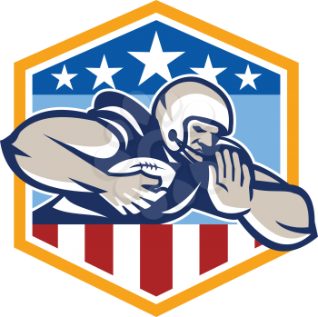 Illustration of an american football gridiron running back player running with ball facing front fending off with arm set inside USA stars and stripes crest shield done in retro style.