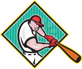 Illustration of a american baseball player batter hitter batting with bat inside diamond shape done in cartoon style isolated on white background.
