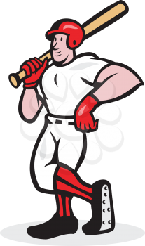 Illustration of a american baseball player batter hitter holding bat on shoulder standing facing front done in cartoon style isolated on white background.