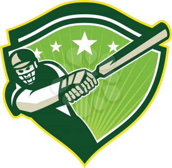 Illustration of a cricket player batsman with bat batting facing front set inside shield with stars done in retro style.