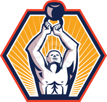 Illustration of a crossfit athlete muscle-up lifting kettlebell facing front set inside hexagon shape done in retro style on isolated white background