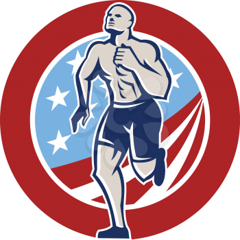 Illustration of an American crossfit marathon runner running facing front set inside circle with stars and stripes flag done in retro style on isolated white background