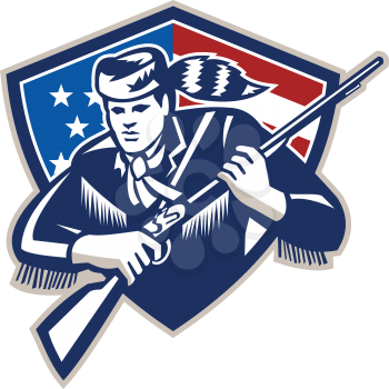 Illustration of an American Patriot frontiersman colonist settler Daniel Boone holding musket rifle set inside shield with American stars and stripes flag on isolated white background.