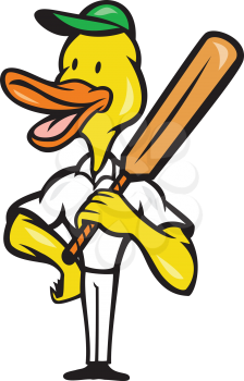 Illustration of a duck cricket player batsman with bat batting facing front on isolated white background done in cartoon style.